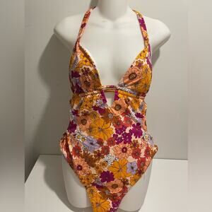 Shade & Shore Brand Floral One Piece Plunge Cut out Size Large Swimsuit Orange